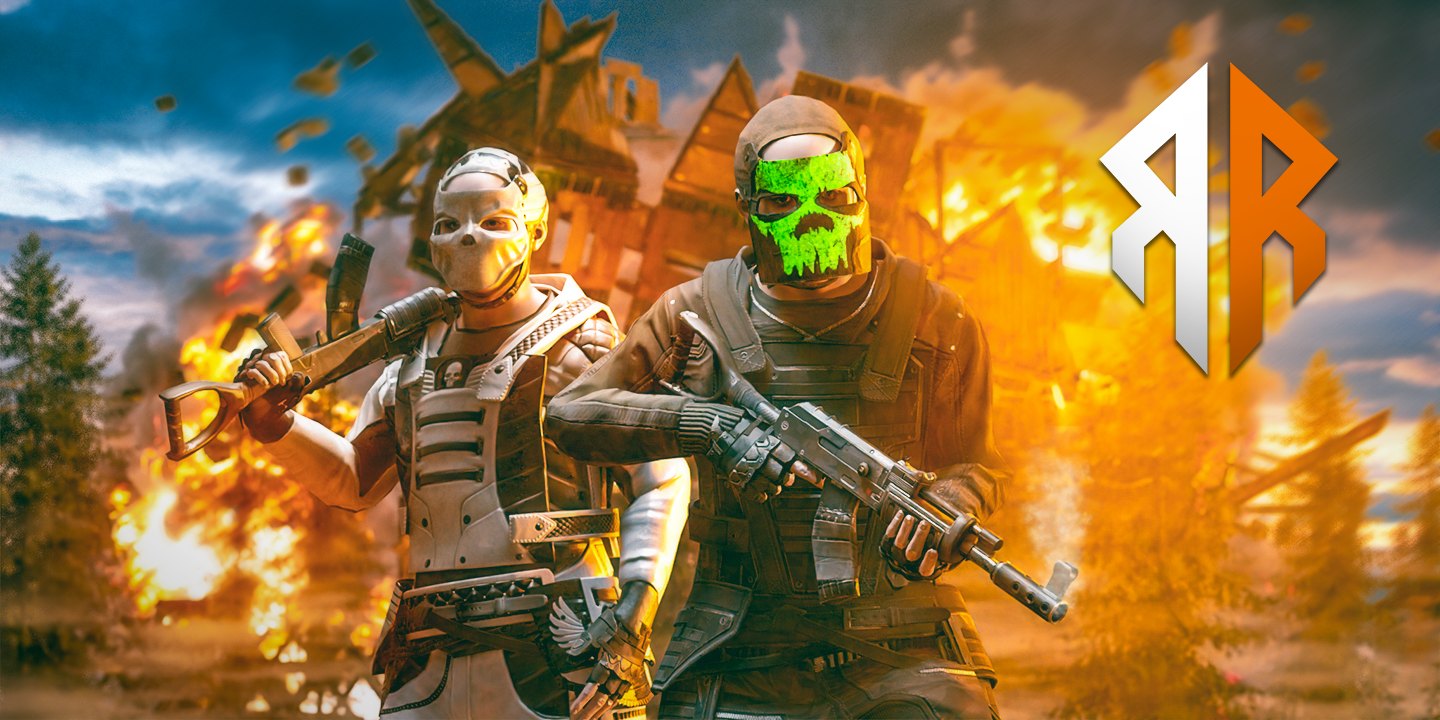 Two Relentless Rust players in front of a burning base